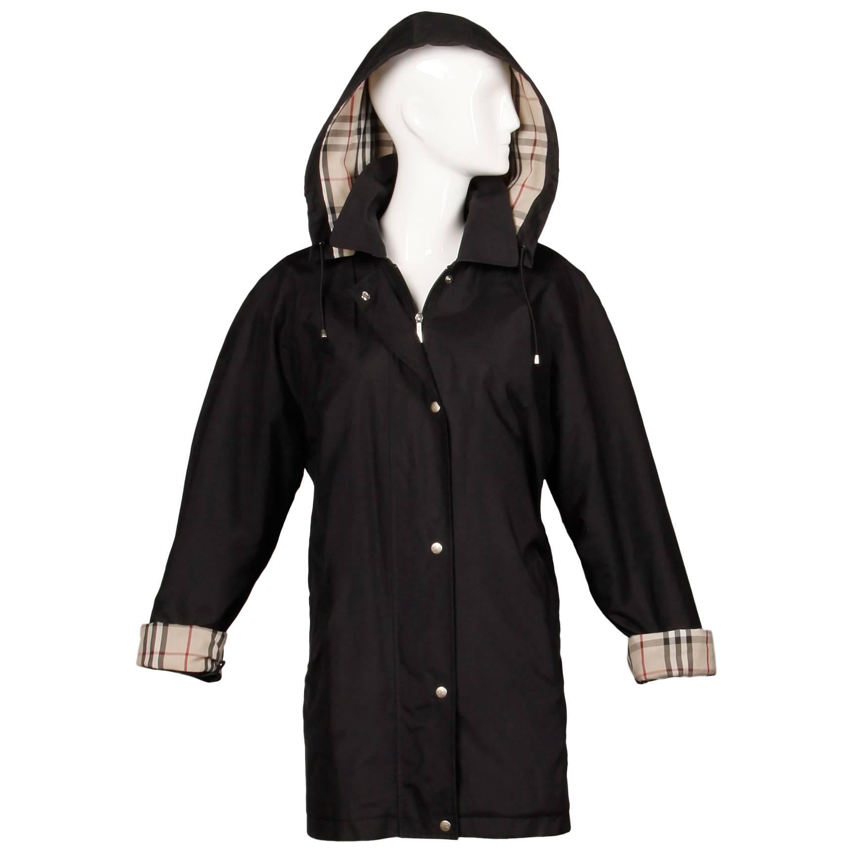 Burberry Black Rain Coat or Jacket with Nova Plaid Lining + Detachable Hood