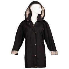 Used Burberry Black Rain Coat or Jacket with Nova Plaid Lining + Detachable Hood