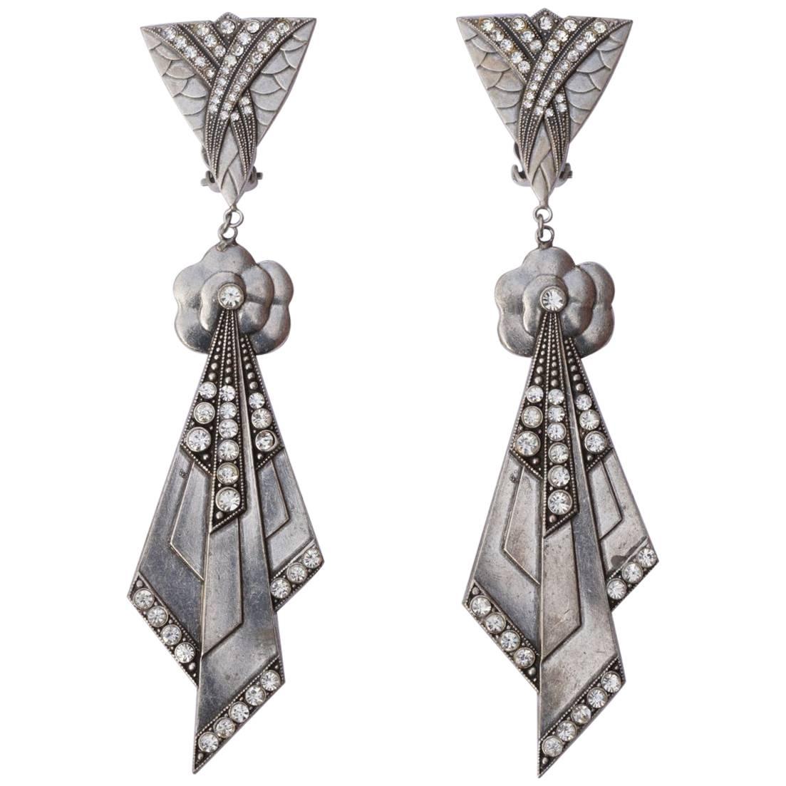 Pierre Bex Art Deco style Silver Plated and Rhinestone Drop Statement Earrings