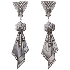 Vintage Pierre Bex Art Deco style Silver Plated and Rhinestone Drop Statement Earrings