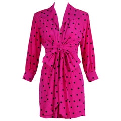 Yves Saint Laurent YSL Fuchsia Silk Crepe Polka Dot Day Dress