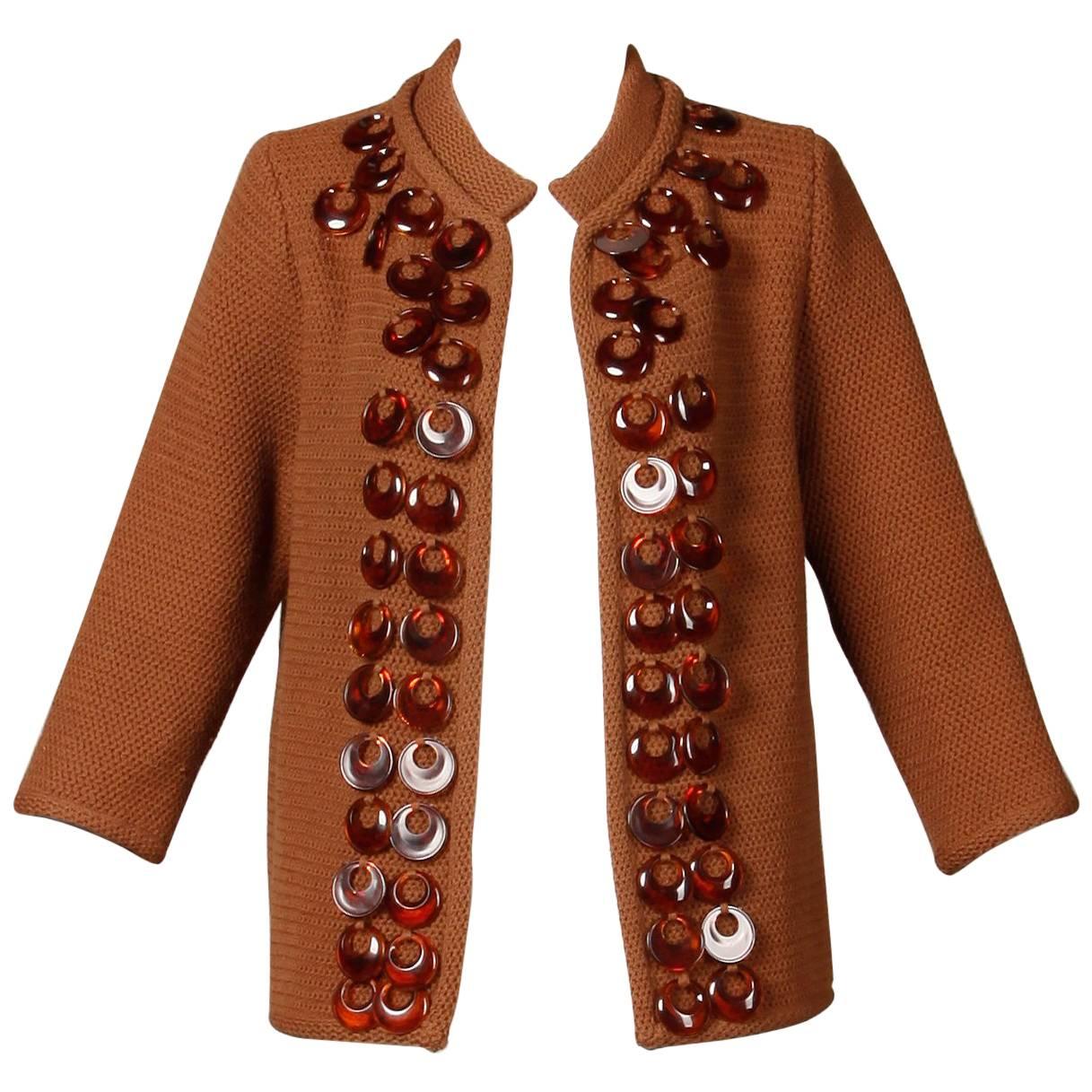 1960s Vintage Ethel Beverly Hills Brown 100% Wool Knit Rings Cardigan Sweater 