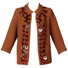 1960s Vintage Ethel Beverly Hills Brown 100% Wool Knit Rings Cardigan Sweater 