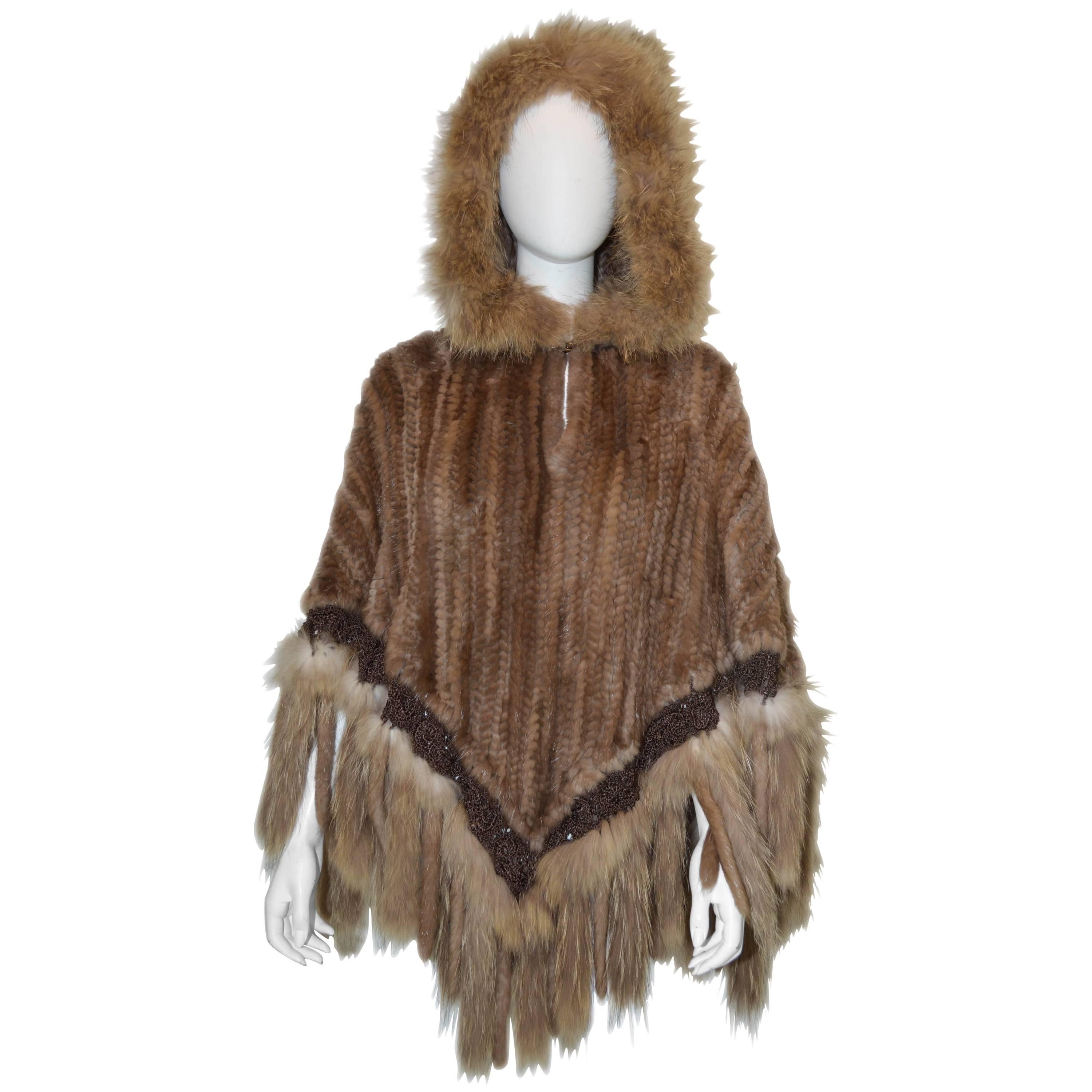 Paula Lishman Knitted Beaver Hooded Poncho Fox Trim 
