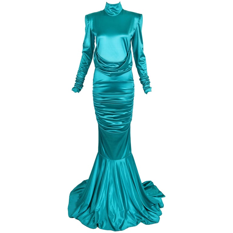 1988 Patrick Kelly Electric Turquoise Stretch Mermaid Gown at 1stDibs