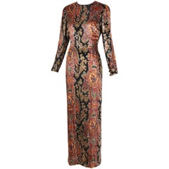 Bill Blass Silk Velvet Paisley Print Sequined Evening Gown