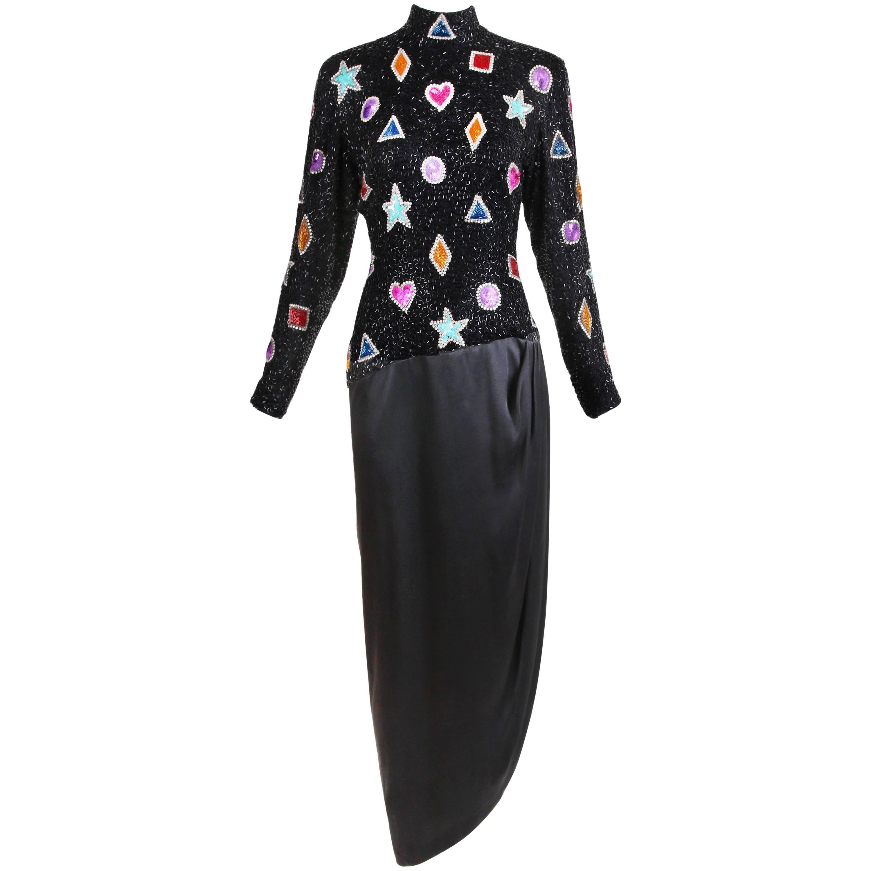Bob Mackie Beaded & Sequined Evening Gown w/Black Silk Satin Draped Skirt