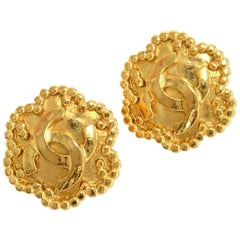 Vintage Chanel Gold Tone CC Logo Flower Motif Earrings