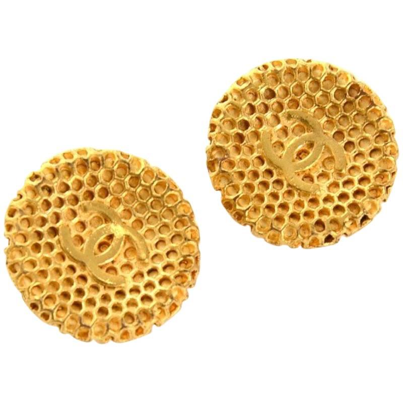 Chanel Gold Tone CC Logo Honeycomb Round Earrings
