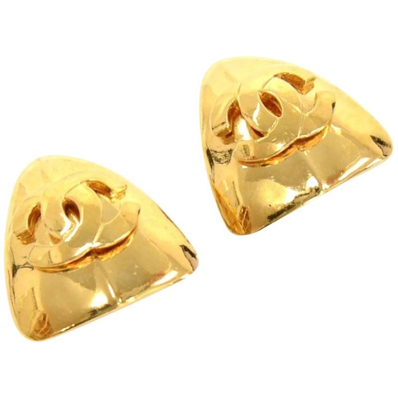 Chanel Gold Tone CC Logo Triangle Shaped Earrings For Sale