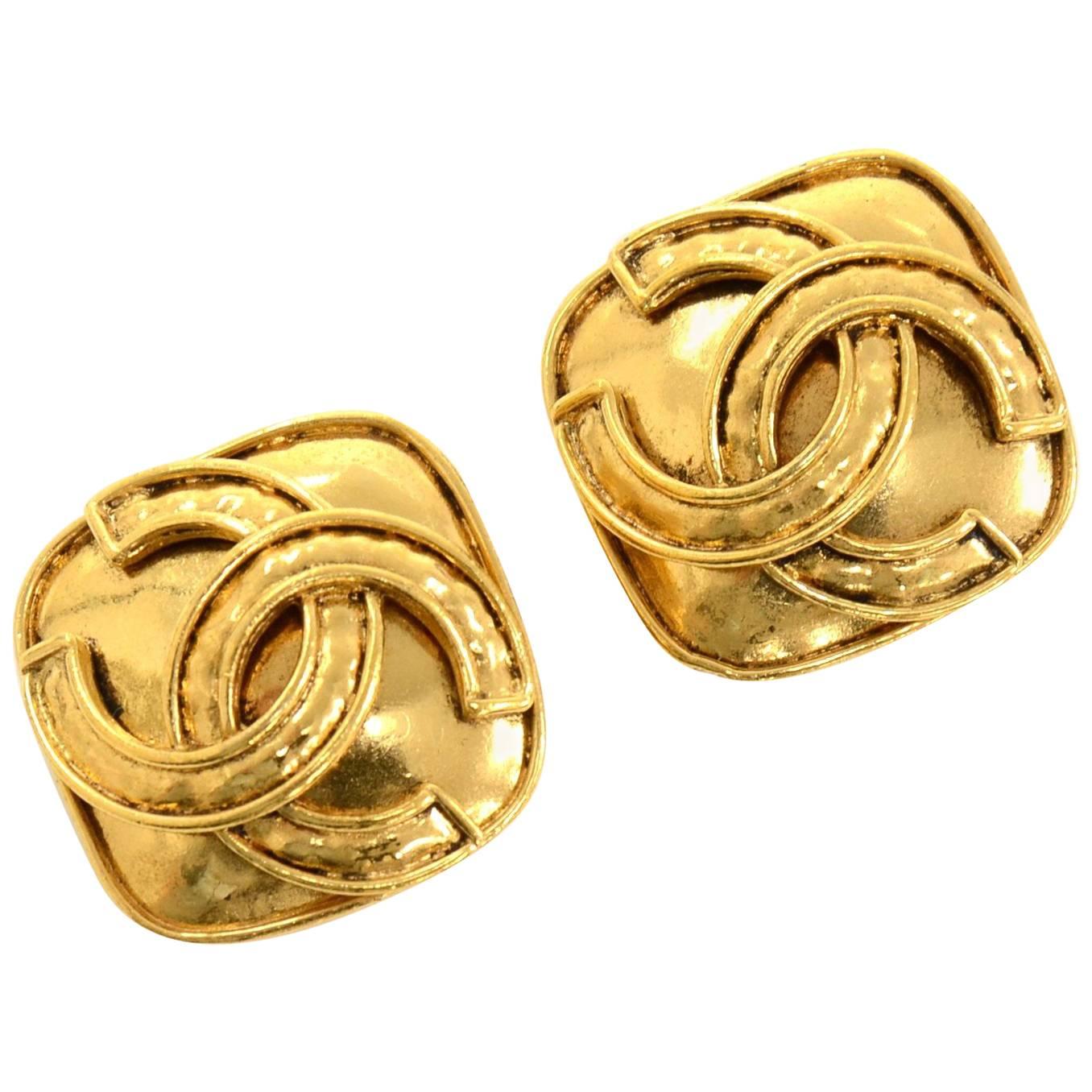 Chanel Gold Tone CC Logo Square Earrings