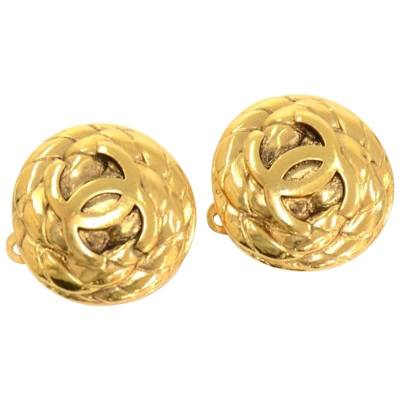 Vintage Chanel Gold Tone CC Logo Round Earrings