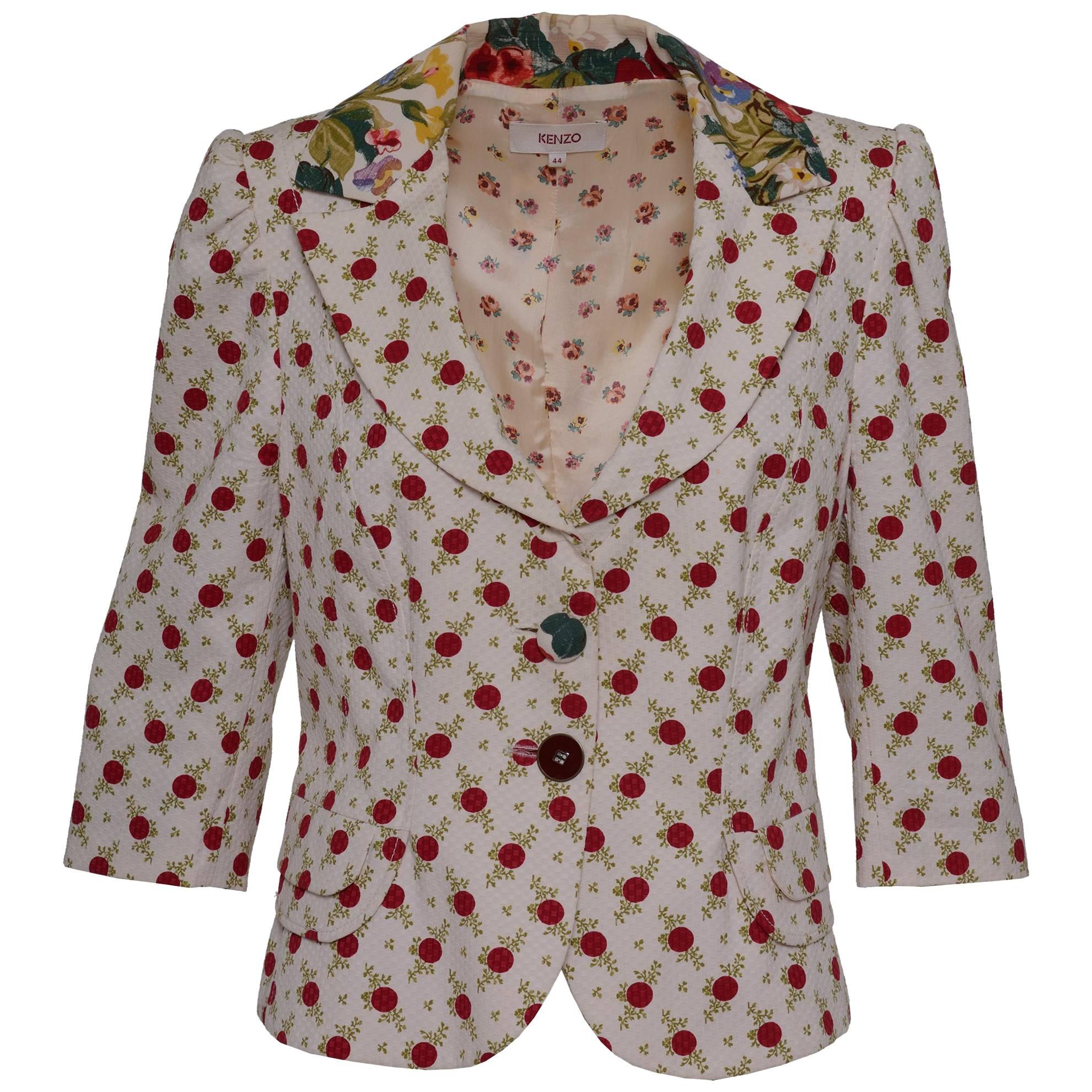 1990s Kenzo White Suit Jacket with Floral and Polka Dot Print