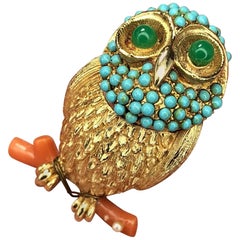 Cadoro Signed Faux Jade Turquoise Owl on Coral Branch Brooch Pin