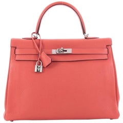 Hermes Kelly Handbag Rose Jaipur Clemence with Palladium Hardware 35