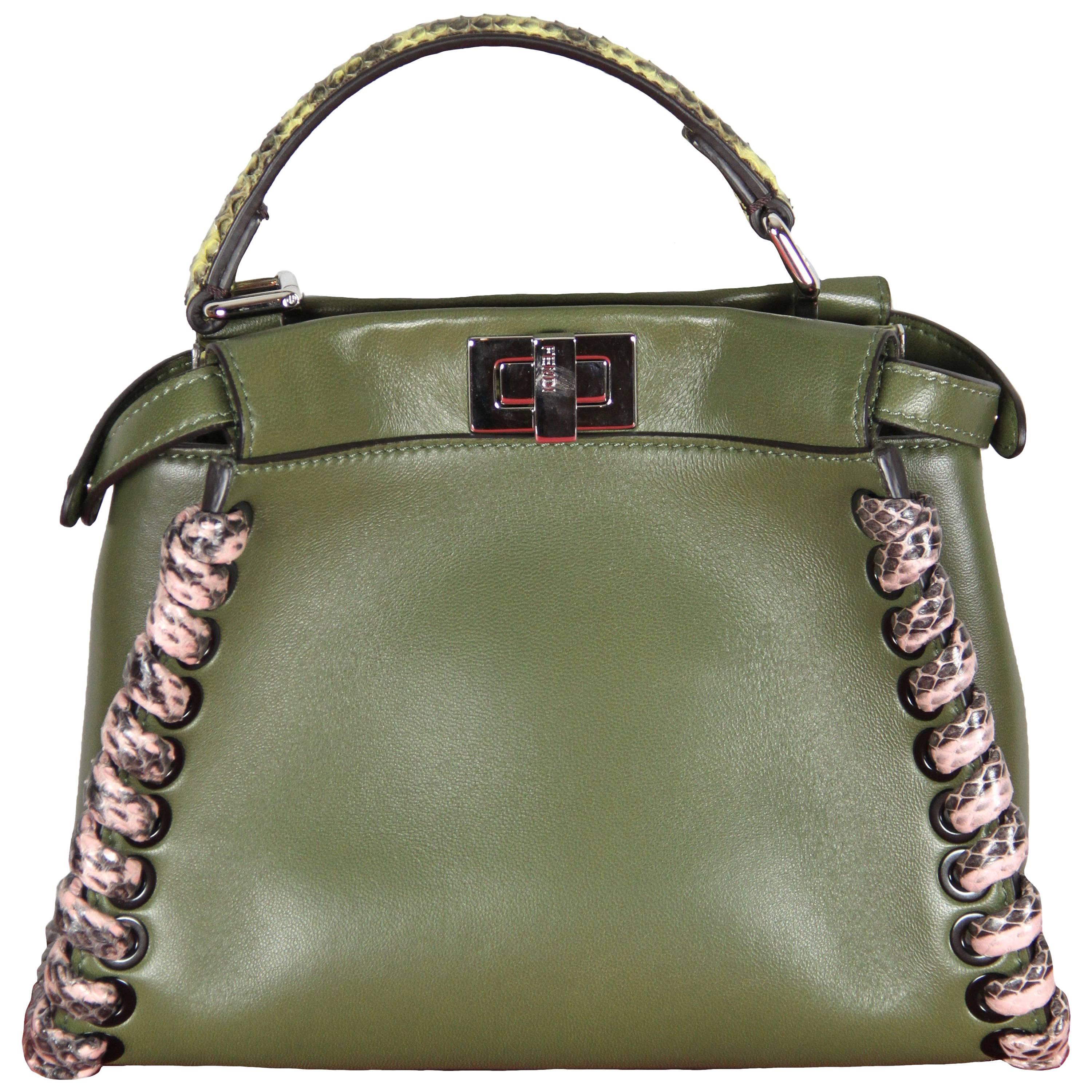 FENDI Mini Peekaboo Military Green Leather Elaphe-trimmed Handbag