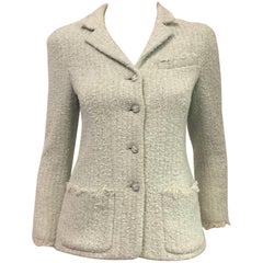 Vintage Collectible Chanel Mint Green Boucle Tweed  Cropped Jacket With Fringe 