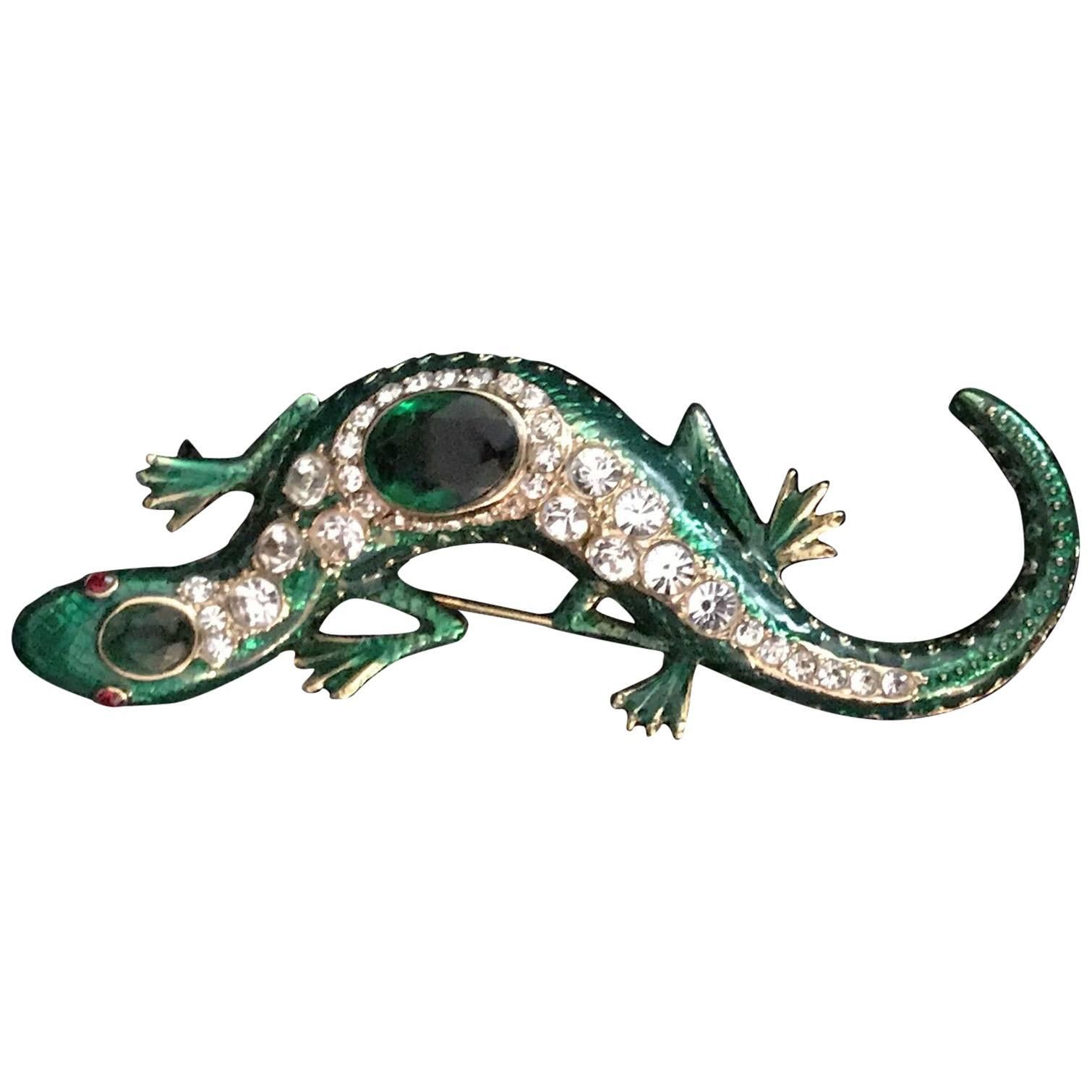 KJL Kenneth Jay Lane Jeweled Enamel Salamander Lizard Brooch Pin Estate Find For Sale