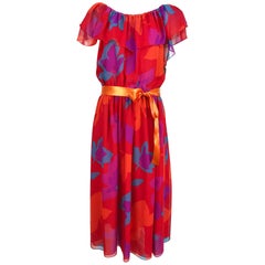 Vintage Hanae Mori vibrant printed chiffon off the shoulder dress 1970s