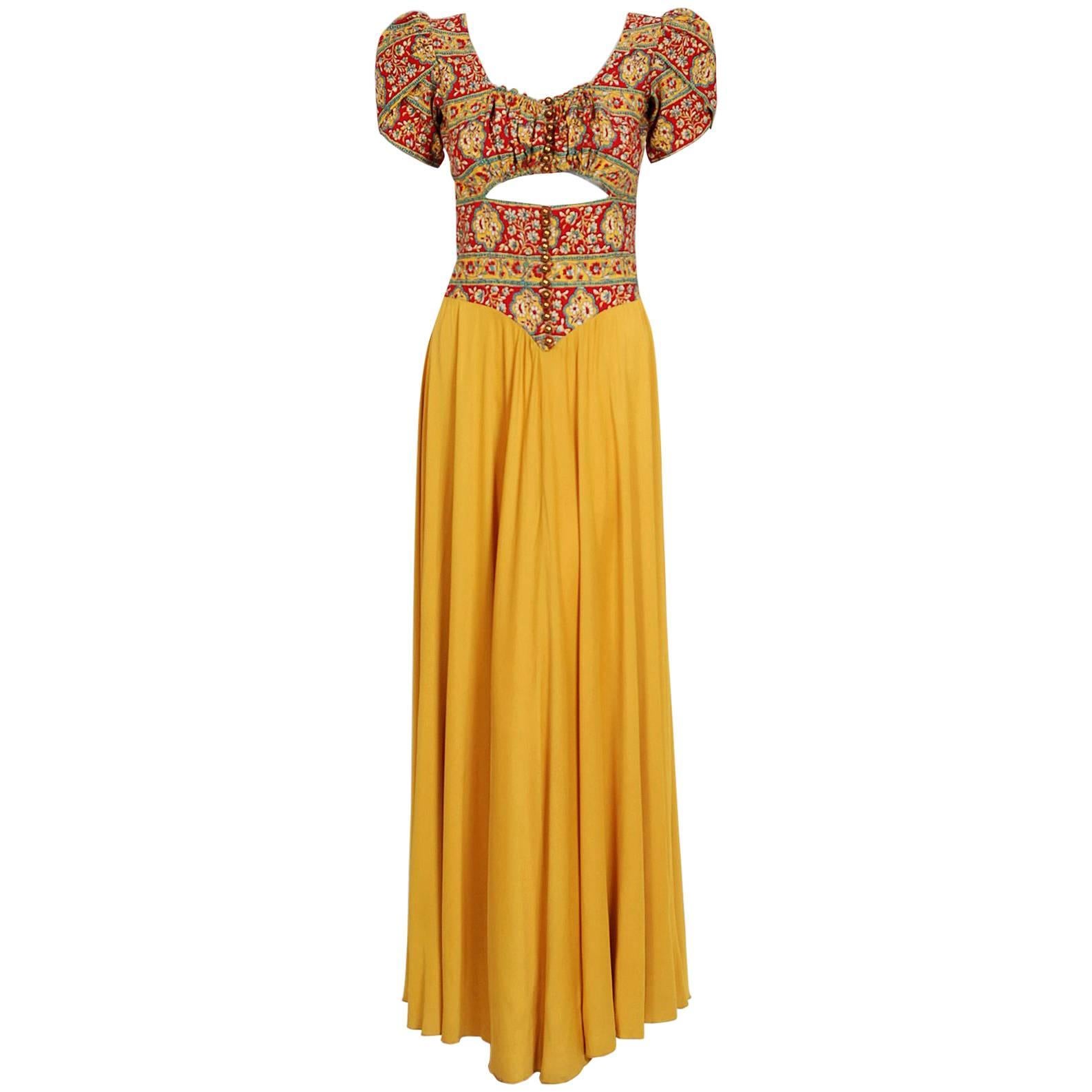 1930's Colorful Floral Print Silk & Marigold Jersey Puff Sleeve Cut-Out Gown 