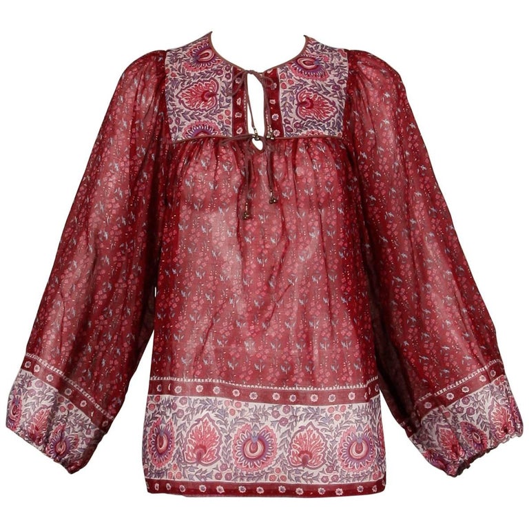 Indian Print Thin Cotton Gauze Vintage Peasant Top or Shirt, 1970s For