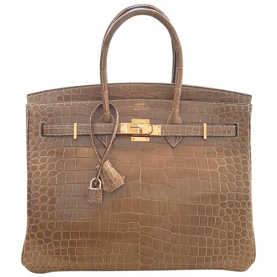 HERMES 35cm Crocodile Poussiere Porosus Birkin Bag