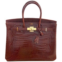 Vintage HERMES 35cm Porosos Crocodile Birkin Bag Bourgogne