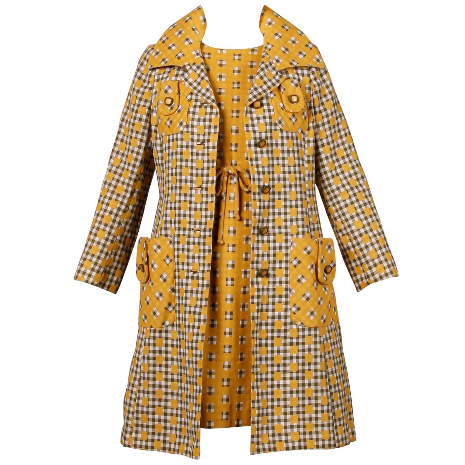 1960s Jack Feit Vintage Yellow Gingham Print Coat + Dress 2-Piece Ensemble