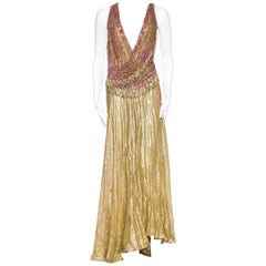 Antique Gold Lamé and Beaded Lace Backless Gown