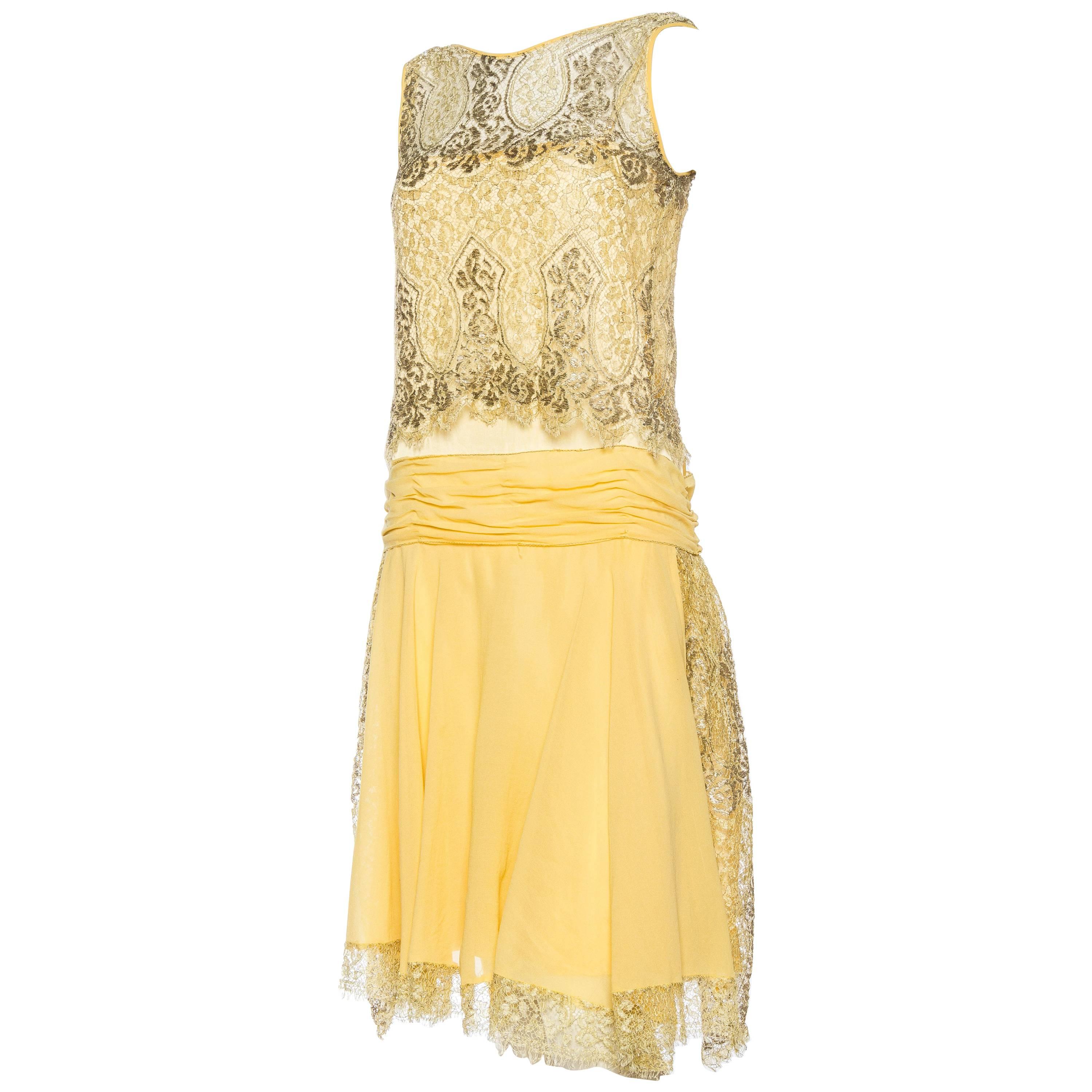 1920S Yellow Silk Chiffon & Silver Lamé Lace Flapper Cocktail Dress For Sale