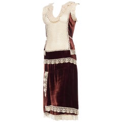 Antique 1920s Silk Velvet Dress with Hand Crochet Lace