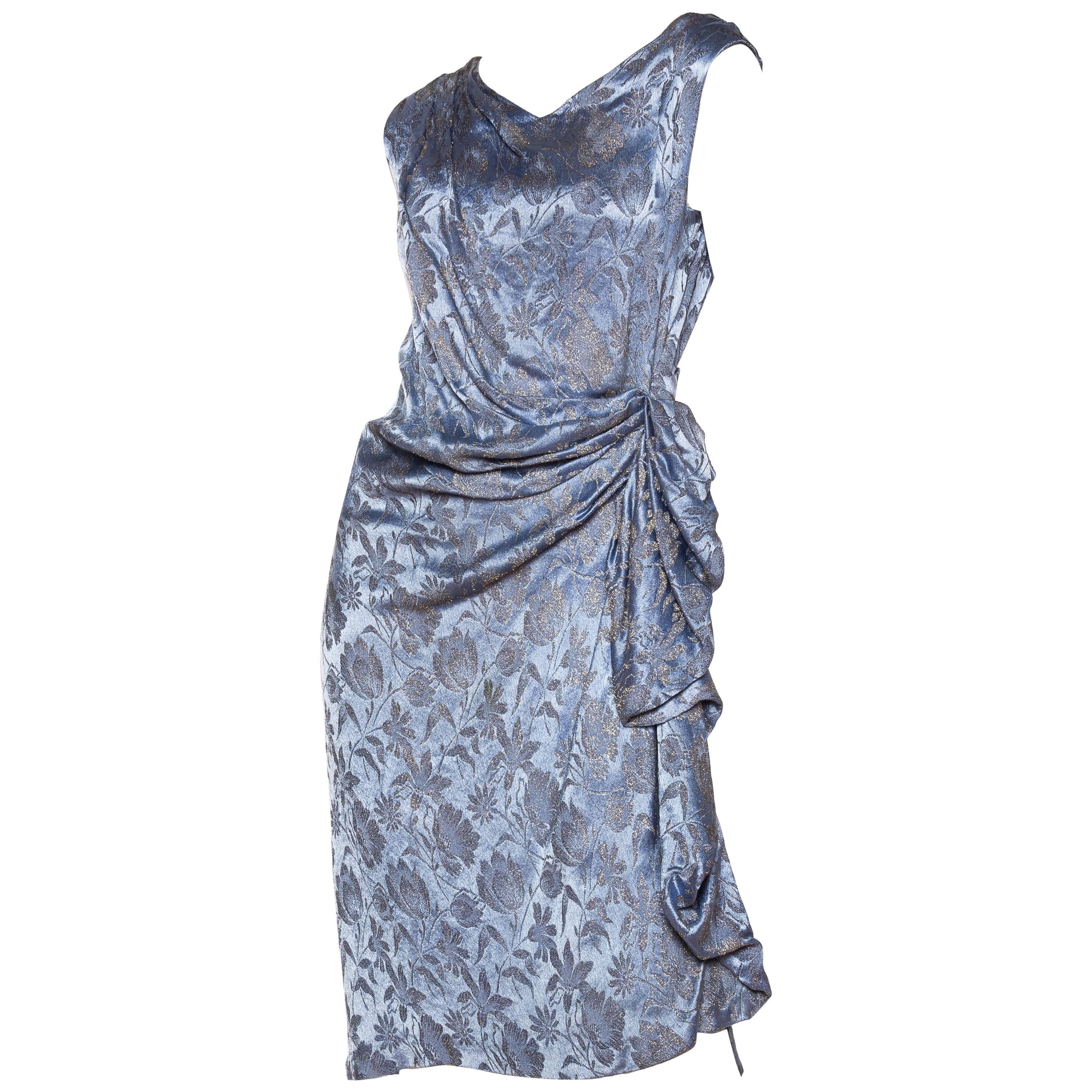 1920S Blue Silk & Silver Floral Lamé Draped Cocktail Dress For Sale