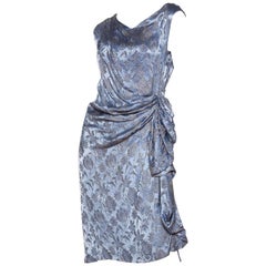 1920S Blue Silk & Silver Floral Lamé Draped Cocktail Dress