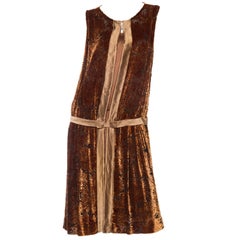 Antique 1920S Caramel Brown Silk Floral Burnout Velvet Cocktail Dress