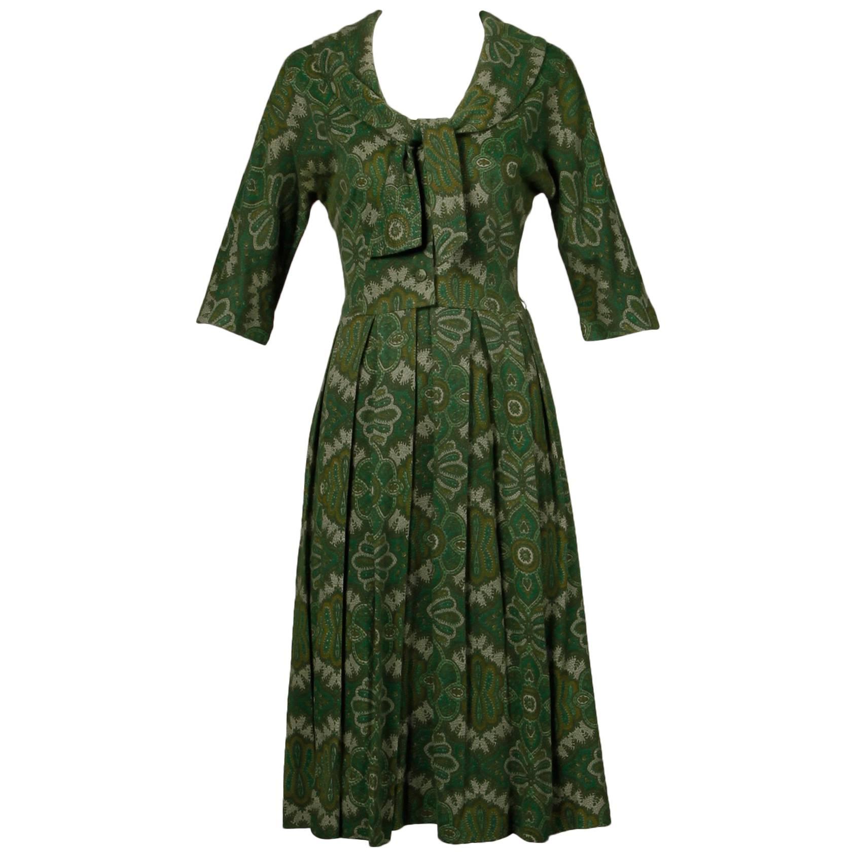 1950s Jerry Gilden Vintage Green Paisley Wool Day Dress with Ascot Bow Tie