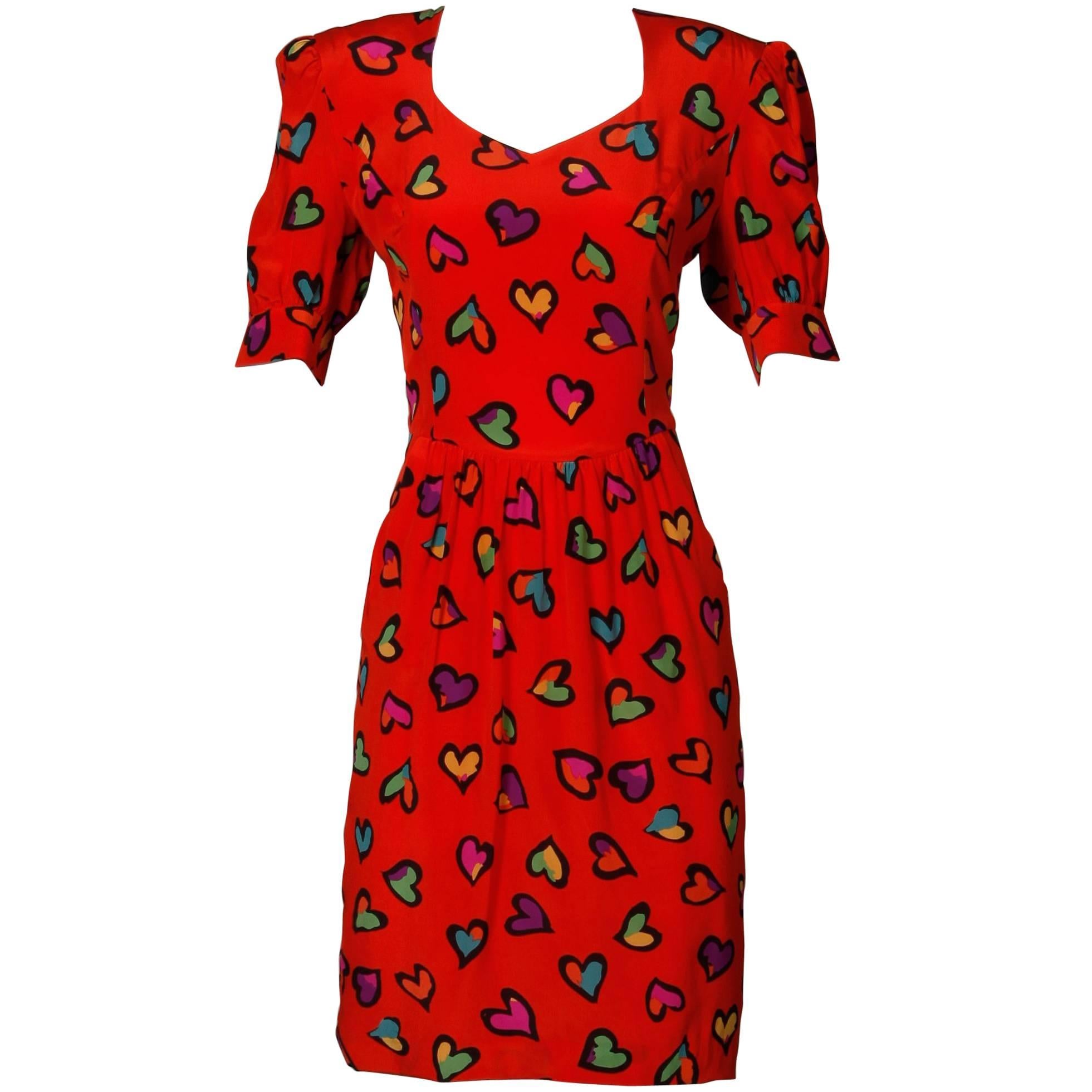 1990s Escada Vintage Red Silk Heart Print Dress with Puff Sleeves