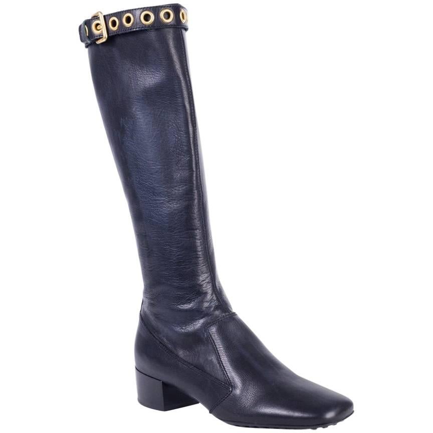 Car Shoe Women's Black Leather Gold Buckle Tall Boots For Sale