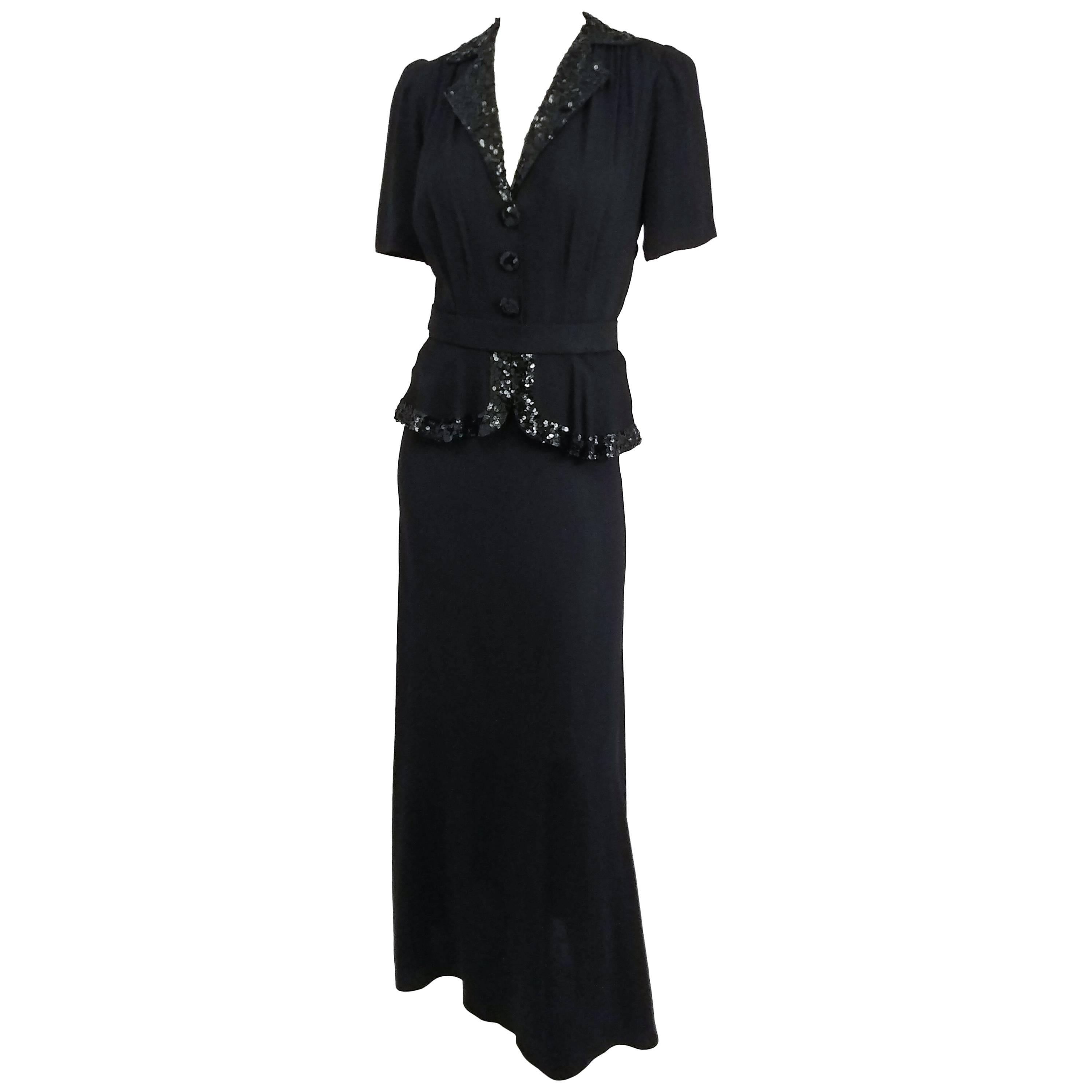 1930s Black Crepe Day Dress with Sequins