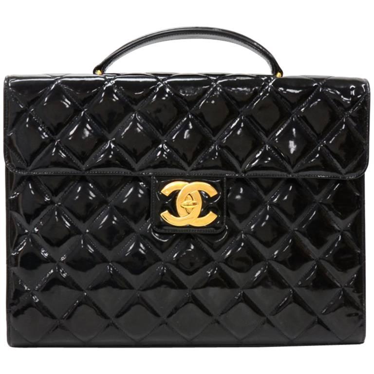 Chanel Black Patent Quilted Leather Document Brief Case Bag