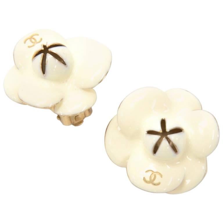 Chanel Off White Camellia Motif Earrings 