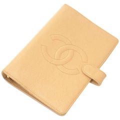 Vintage Chanel Beige Caviar Leather 6 Rings Large Agenda Cover