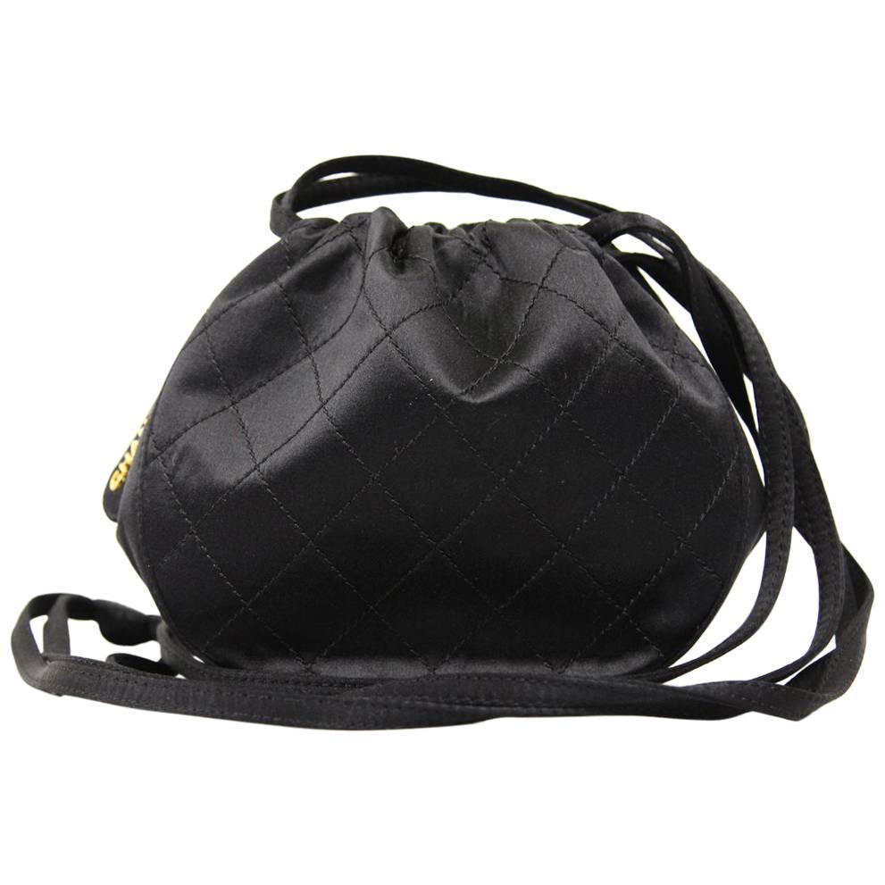 1990s Chanel Black Matelassé Silk Satin Bucket Bag