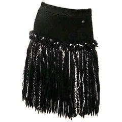 Chanel Skirt - Black Boucle with Black white Fringe Size 38