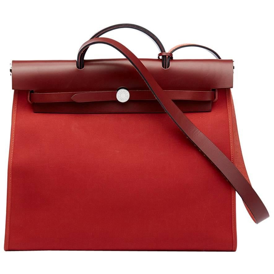 2015 Hermes Rouge H Hunter Cowhide Leather & Rouge Venitienne Canvas Herbag Zip 