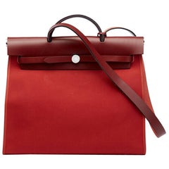 Vintage 2015 Hermes Rouge H Hunter Cowhide Leather & Rouge Venitienne Canvas Herbag Zip 