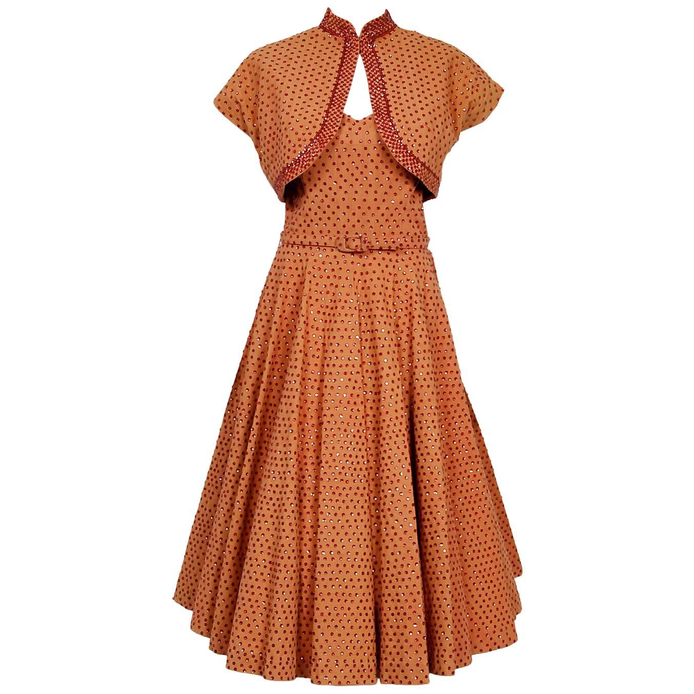 1950's Apricot Mexican Sequin Cotton Belted Circle-Skirt Dress & Bolero Jacket