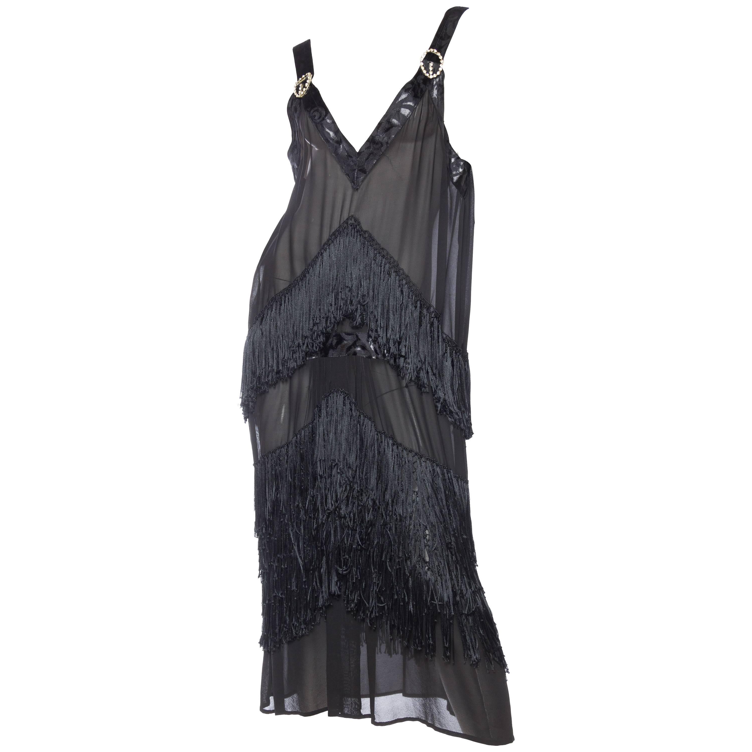 1920S Black Silk Chiffon & Hand Knotted Fringe Flapper Cocktail Dress