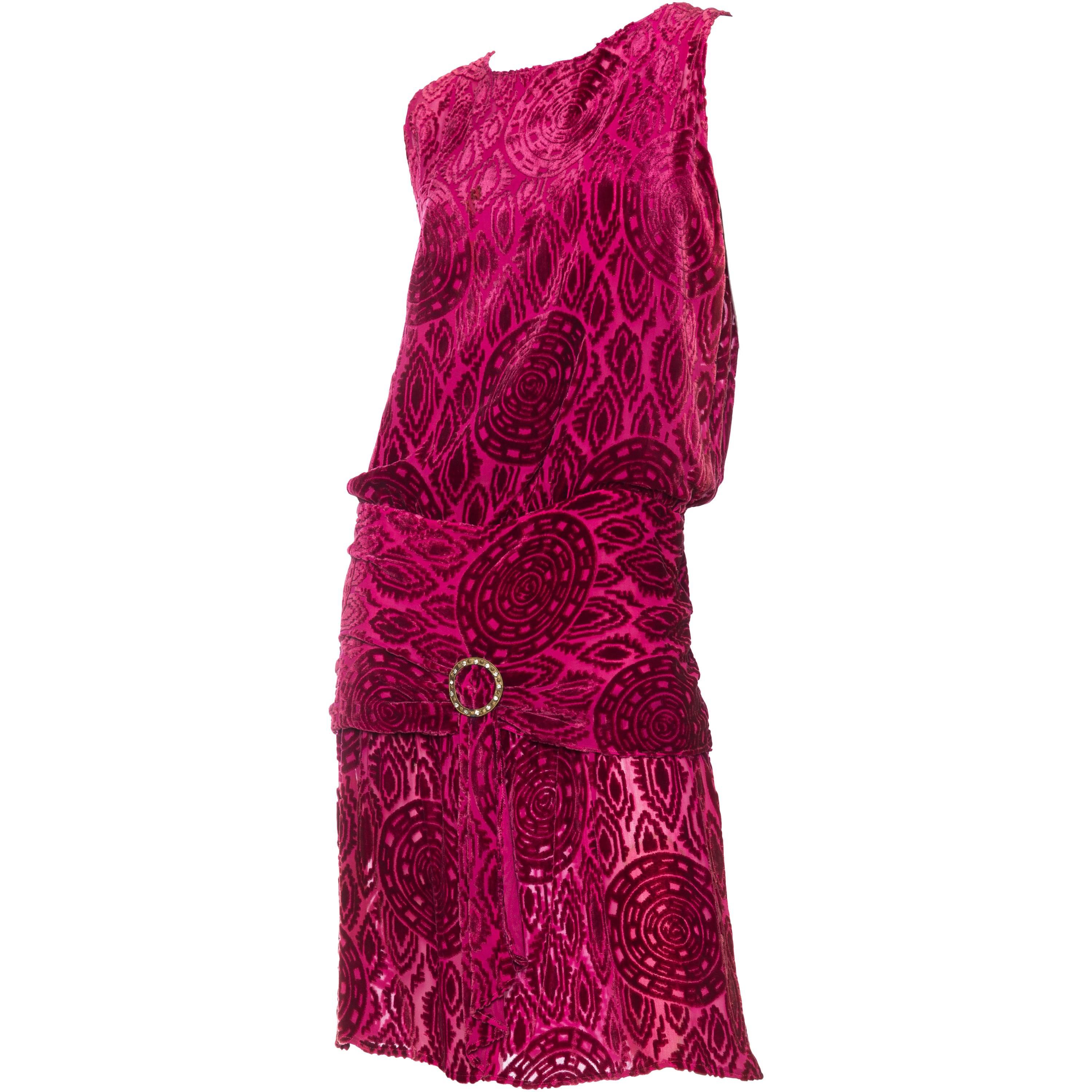 1920S Hot Pink Burnout Silk Velvet Drop Waist Flapper  Cocktail Dress With Crys For Sale