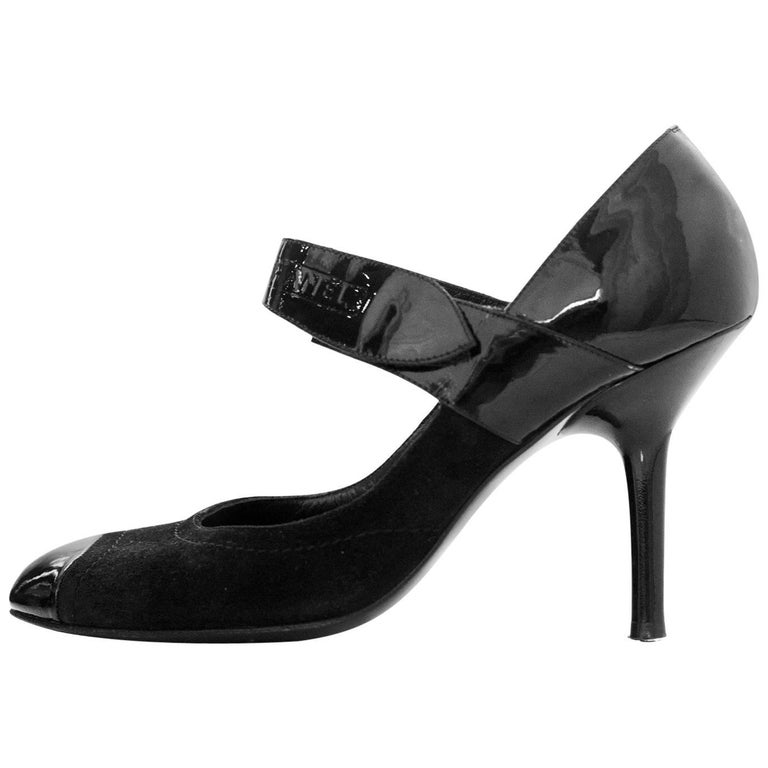 Chanel Black Suede and Patent Leather Cap-Toe Mary Jane Pumps Sz 36.5 For  Sale at 1stDibs