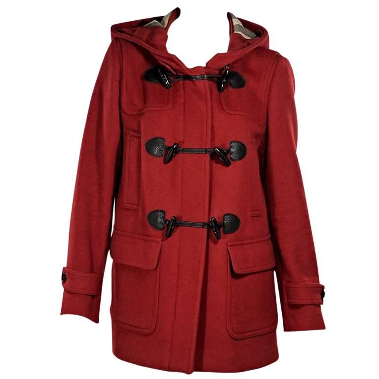 Red Burberry Brit Hooded Wool Coat